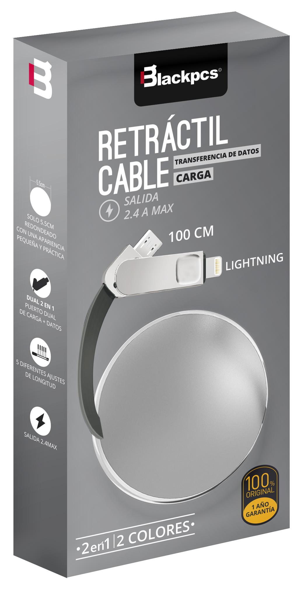  Ob  Cable Blackpcs  Ca Retractil  V8 Lightning Plata 100 Cm 2 1A  Casmlpr  - BLACKPCS