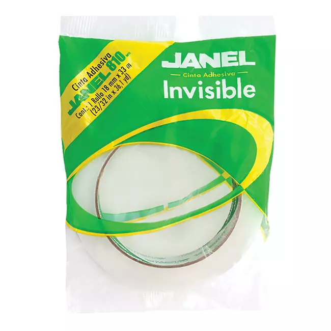 Cinta invisible 810 JANEL 18x33 1 pieza  Cinta invisible para sellar, retener, envolver, identificar, para proteger etiquetas, documentos y reparar billetes. Adhesivo: acrilico base agua, espesor total 55 micras                                                                                      .                                        - 8101833100