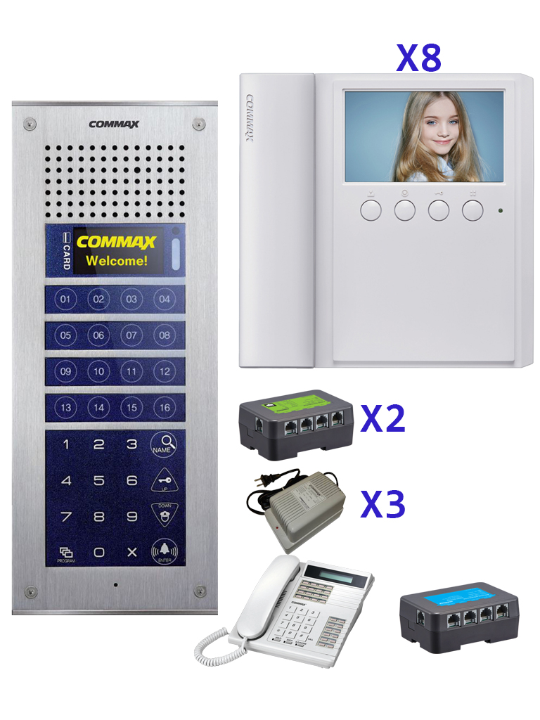 COMMAX CVM43ADEP - Paquete base que incluye frente de calle departamental CMP4BCT, 8 monitores modelo CMV43A, distribuidor de piso y fuente de 24 DVC, estación de guardia para comunicación con departamentos/ #Modum - COMMAX 