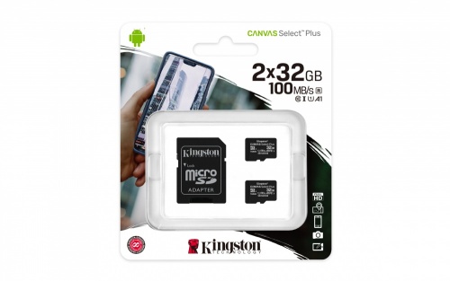 Kingston Canvas Select Plus  Tarjeta De Memoria Flash Adaptador Microsdhc A Sd Incluido  32 Gb  A1  Video Class V10  Uhs Class 1  Class10  Microsdhc UhsI Paquete De 2 - SDCS2/32GB-2P1A