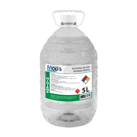 Gel antibacterial Super mops de 5 Lt.    Con base alcohol limpia y elimina instantáneamente el 99.9 por ciento de gérmenes sin enjuague,no requiere de enjuague, no es pegajoso y no deja residuos en las manos,cont agua, alcohol etílico usp y carbomero no incluye válvula dosificadora. 70% de alcoh .                                        - MOPS827