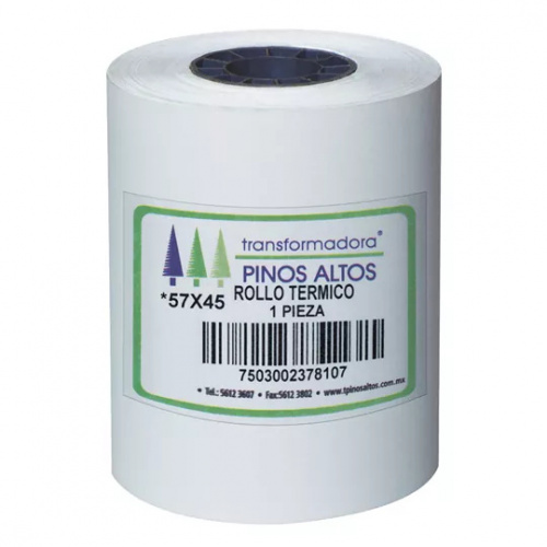 Rollo de papel térmico Pinos Altos 57 x  Rollo de papel térmico, centro tipo panal de plástico reciclado, medida: 57 x 45 mm, rápida impresión.                                                                                                                                                          45 mm caja con 200 rollos a granel       - RT5745