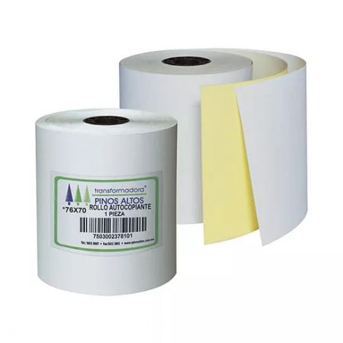 Rollo de papel autocopiante Pinos Altos  Rollo de papel autocopiante, centro tipo panal de plástico reciclado, medida: 76 x 70 mm, rápida impresión.                                                                                                                                                     76 x 70 mm 50 rollos a granel            - PINOS ALTOS