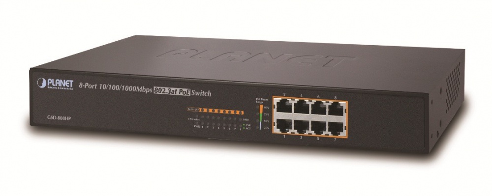 SWITCH POE PLANET GSD-808HP, 8 PTOS.GIGABIT 10/100/1000MBPS  - PLANET