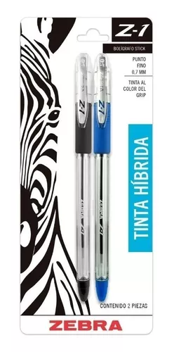 bolígrafo Zebra z-1, punta fina 0.7 m    Bolígrafo zebra z-1, tinta hibrida (fusión de tinta gel y tinta base aceite), punta fina 0.7 mm, color azul y negro, tapa con cierre hermético, grip de goma del color de la tinta, clip en la tapa para fácil transportación                                   color negro y azul, blister con 2 piezas - 7905-22