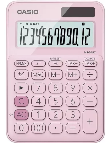Calculadora de escritorio rosa CASIO pan Conversión de h/m/s, cálculo de impuestos, cálculo de cambio, porcentaje regular, retroceso, marcador de coma cada 3 dígitos, key rollover: entrada de datos alta velocidad, alimentación pila + solar, dimensiones 22.1 x 104.5 x 149.5 mm - MS-20UC-PK-S-EC