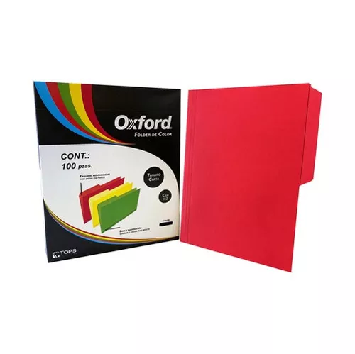 Folder de color Oxford carta color rojo Papel de color de 164 g, pre-suajado superior y lateral para broche de 8 cm, dobleces adicionales para expansión de hasta 2 cm, caja con 100 piezas. - M762 1/2 RJ