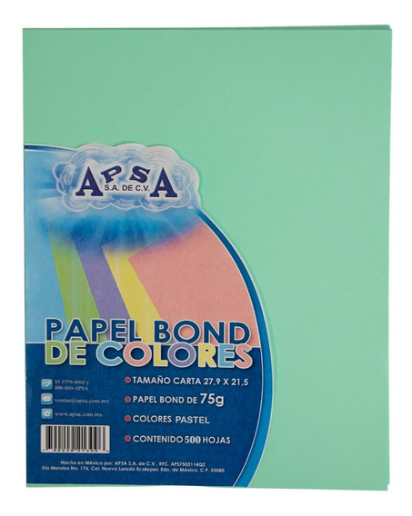 Hojas tamaño carta APSA colores intensos Hojas de papel bond, colores surtidos, medidas 21.59 cm ancho x 27.9 cm alto, 75 g, colores intensos                                                                                                                                                             paquete con 500 hojas                   - APSA