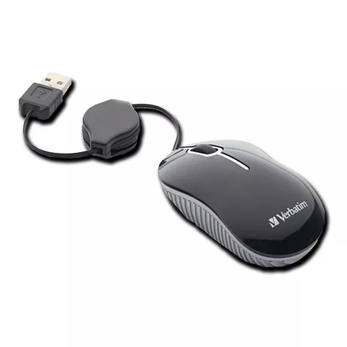 98113 Mouse Verbatim óptico mini travel alámbr Mouse portátil, óptico, alámbrico, retráctil, compatible con cualquier computadora con puerto USB color negro.                                                                                                                                                  ico negro                               