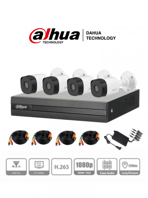 Kit de 4 canales Dahua 2 megapixeles mod Wizsense/ con IA/ h.265+/ 4 cámaras 1080p/ 4 canales + 1 IP o hasta 5 canales IP/ 4 canales con smd plus/ búsqueda de humanos y vehículos/ 1 puerto sata                                                                                                        elo KITXVR1B04-I+4B1A21                  - DHT0250010