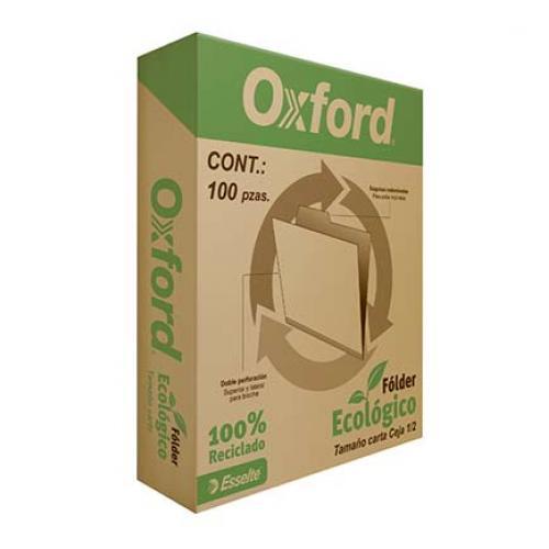 Folder reciclado Oxford carta ceja 1/2 c Papel 100% reciclado, pre-suajado superior y lateral para broches de 8 cm, dobleces adicionales para expansión de hasta 2 cm, caja con 100 piezas.                                                                                                              aja con 100 pzas                         - M755 1/2