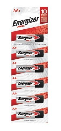Pila alcalina Energizer AA blíster con 6 Batería alcalina con voltaje de 1.5 volts composición de zinc-manganesio y dióxido peso aproximado de 23 gramos y volumen de 8.1 centímetros cúbicos colores de la pila plateado, negro y rojo                                                                  pzas                                     - ENERGIZER