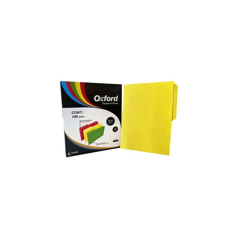 Folder de color Oxford carta color amari Papel de color de 164 g, pre-suajado superior y lateral para broche de 8 cm, dobleces adicionales para expansión de hasta 2 cm, caja con 100 piezas.                                                                                                            llo ceja 1/2 caja con 100 pzas           - OXFORD