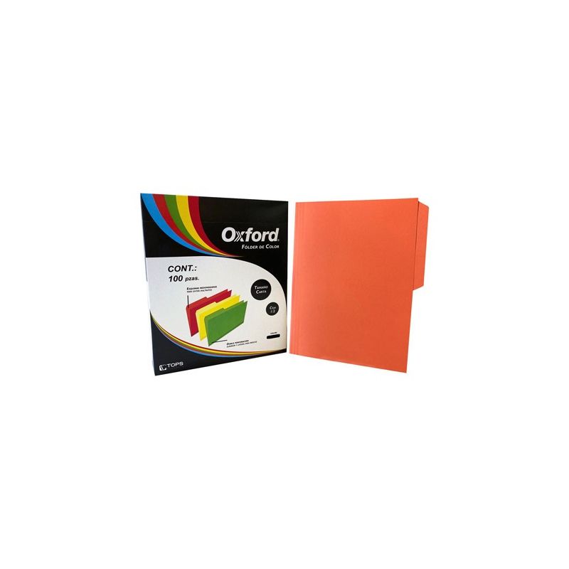 Folder de color Oxford carta color naran Papel de color de 164 g, pre-suajado superior y lateral para broche de 8 cm, dobleces adicionales para expansión de hasta 2 cm, caja con 100 piezas.                                                                                                            ja ceja 1/2 caja con 100 pzas            - M762 1/2 NA