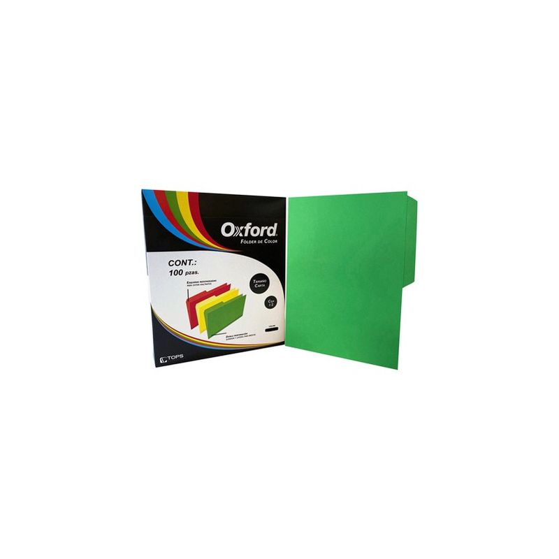 Folder de color Oxford carta color verde Papel de color de 164 g, pre-suajado superior y lateral para broche de 8 cm, dobleces adicionales para expansión de hasta 2 cm, caja con 100 piezas.                                                                                                            ceja 1/2 caja con 100 pzas               - M762 1/2 VD