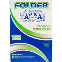 Folder verde APSA tamaño oficio  , paque Medidas 235 cm ancho x 345 cm largo, alta capacidad de almacenamiento, suaje lateral y superior para broche, guías laterales para dar dimensión y puntas redondeadas                                                                                            te con 100  piezas                       - APSA