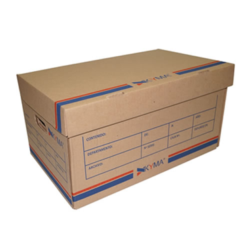 Caja de carton kraft KYMA para archivo c Flauta c, fleje color blanco 0.5cm (ancho), tintas colores azul y rojo, dimensiones interiores largo:48.30cm, ancho:32.00cm y alto 25.00cm. Peso: 0.572kg, resistencia (mullen/explosión/reventamiento): 6.8kg/cm2, resistencia bct (box crush test):144kg      arta 1 pieza                             - CJKY-CR-CT