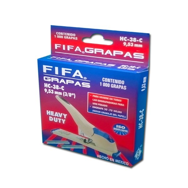 Grapas de uso pesado 3/8 FIFA Heavy Duty Capacidad de engrapado 60 hojas, para engrapadoras de uso pesado, alambre de alto carbón, largo de pata 9.53 mm, corona de 12.95 mm.                                                                                                                             HC-38-C caja con 1,000 grapas           - P0075