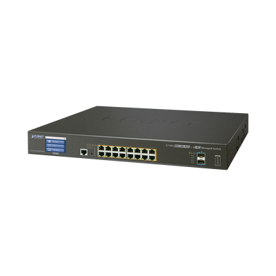 Switch administrable L3 16 puertos gigabit c/PoE 802.3bt, 2 puertos 10G SFP+ con pantalla tactil (400W) <br>  <strong>Código SAT:</strong> 43222610 <img src='https://ftp3.syscom.mx/usuarios/fotos/logotipos/planet.png' width='20%'>  - PLANET