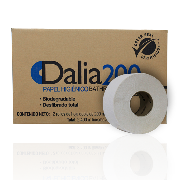 Papel Higiénico blanco Dalia, caja c/12  Higiénico ,sistema universal , caja con 12 bobinas de 200mx 8.4cm a,hjs dobles c/gofrado fab:fabrica de papel san francisco,2400 m lineales de papel, garantía de contenido y 100% biodegradable, certificado ecologico internacional green seal.               bobinas 200 m c/u jr                     - DALIA