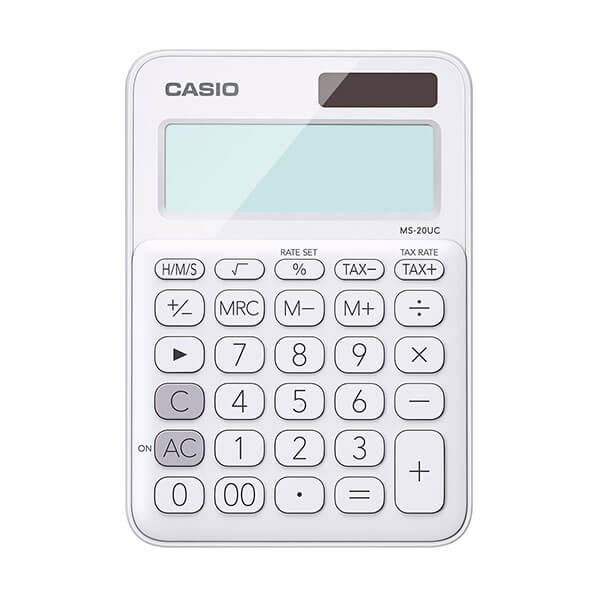 Calculadora de escritorio blanca CASIO p Conversión de h/m/s, cálculo de impuestos, cálculo de cambio, porcentaje regular, retroceso, marcador de coma cada 3 dígitos, key rollover: entrada de datos alta velocidad, alimentación pila + solar, dimensiones 22.1 x 104.5 x 149.5 mm - MS-20UC-WE-S-EC