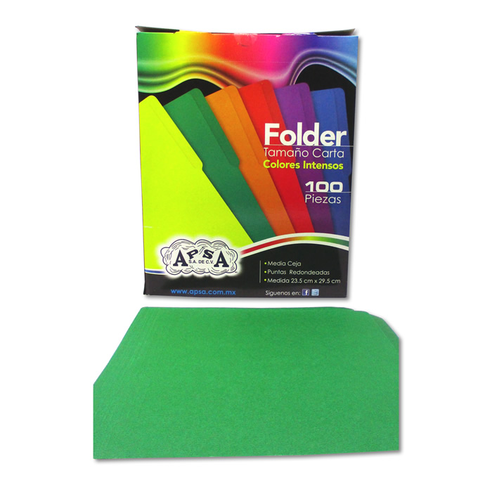 Folder verde intenso APSA tamaño carta   Medidas 23.5 cm ancho x 29.5 cm largo, alta capacidad de almacenamiento, suaje lateral y superior para broche, guías laterales para dar dimensión y puntas redondeadas                                                                                          , paquete con 100 piezas                 - APSA