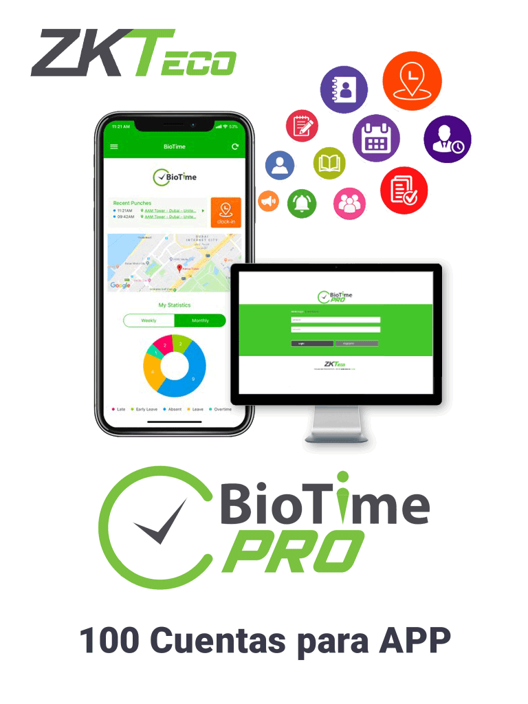 ZKTECO BIOTIMEPROAPPSTANDARD - Licencia Vitalicia de Aplicacion Móvil para  uso de BIOTIME PRO / Compatible con Celulares ANDROID o iOS / Soporta 100  CuentasBioTimePro App Standard