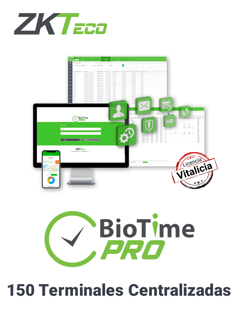 ZKTECO BIOTIMEPROBUSINESS - Licencia de Asistencia Vitalicia / Versión WEB  / para 150 Terminales Centralizadas / 15000 Empleados / 1 Punto para App /  15 MulticompañiasBioTimePro Business