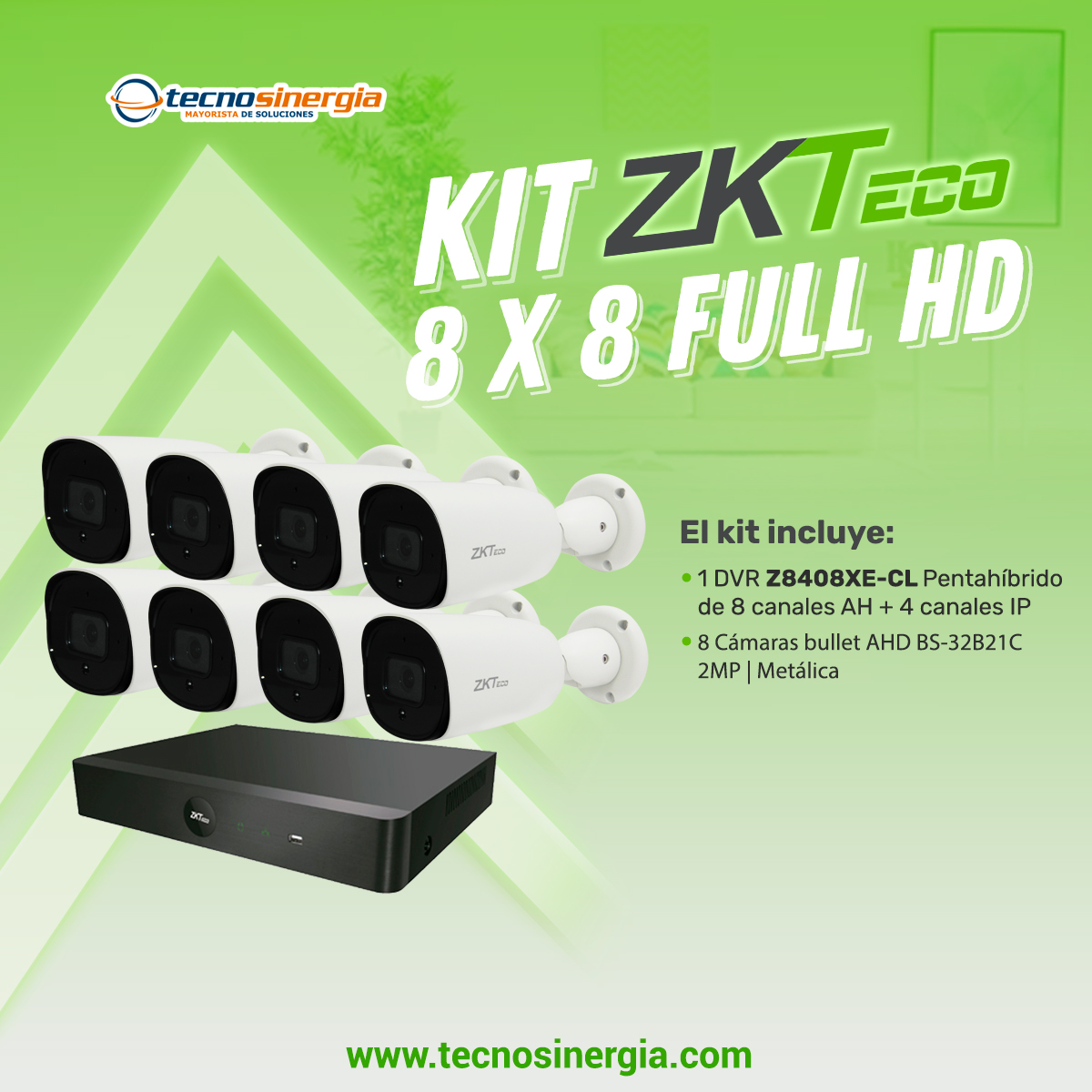 KIT ZKTECO 8 X 8 FULL HD 1x Z8408XE-CL + 8x BS-32B21C. <br><br>, Código SAT 46171621 - ZKTECO