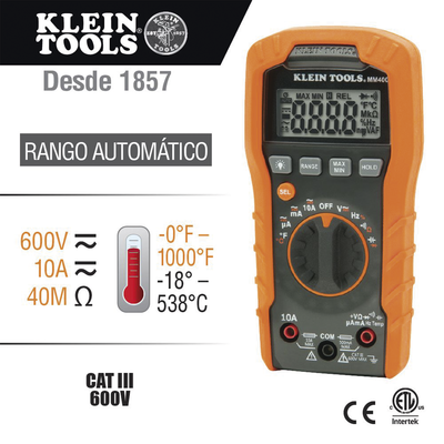 Multímetro Digital de Rango Automático de  600 V,  incluye Batería.  <br>  <strong>Código SAT:</strong> 41113630 - KLEIN TOOLS