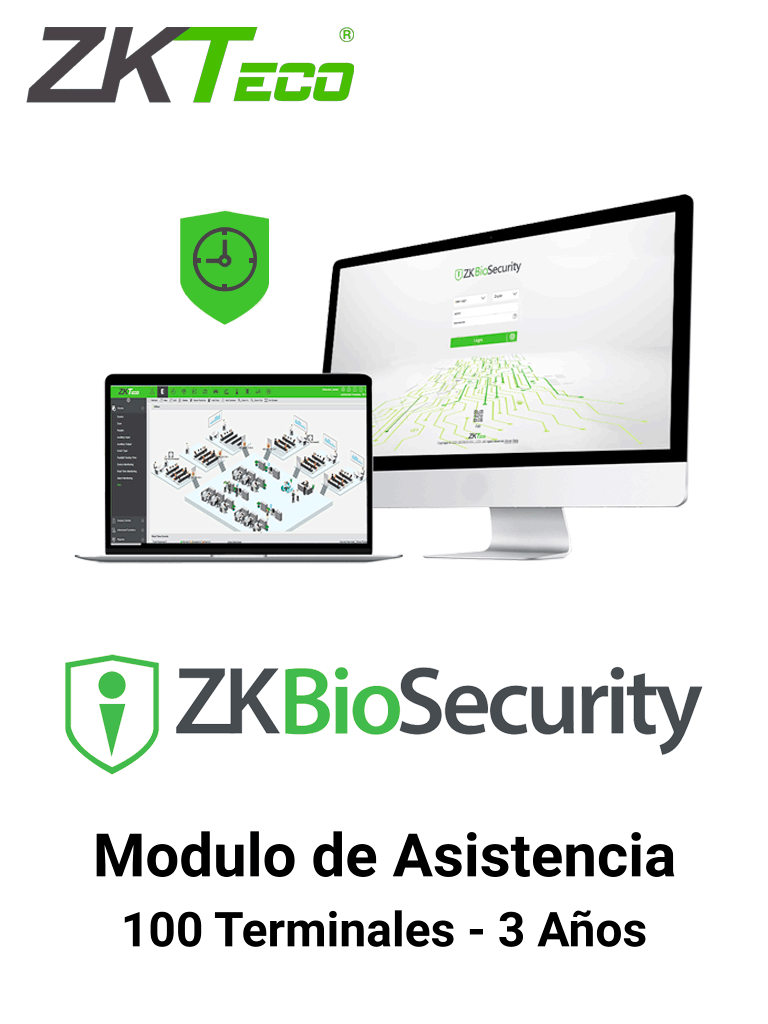 ZKTECO ZKBSTA1003Y - Modulo de Asistencia para Biosecurity / Hasta 30 000 Usuarios / 100 Terminales / Vigencia 3 Años - ZKBS-TA-P100 3 YEARS