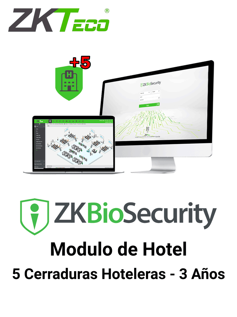 ZKTECO BSHOTEL5ADD3Y - Modulo Adicional de Hoteleria Biosecurity Capacidad 5 cerraduras Hoteleras / 3 Años / Requiere Licencia de 25, 50 o 100 Cerraduras  para poder funcionar - ZKTECO