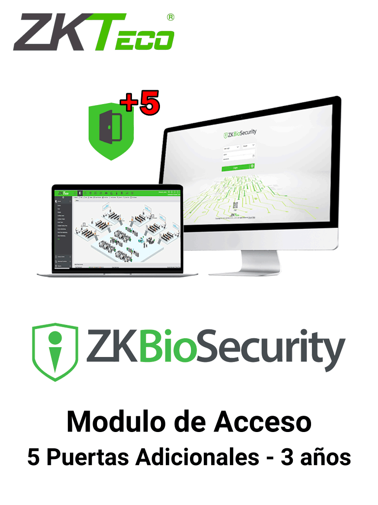 ZKTECO ZKBSACADDP53Y - Modulo de Control de Acceso para Agregar 5 Puertas en Biosecurity / Arriba de 25 puertas / Vigencia 3 años - ZKTECO