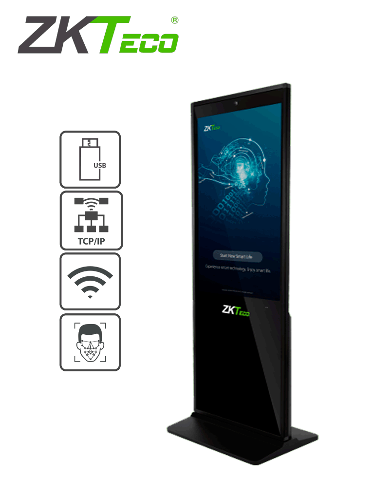 ZKTECO FaceKiosk-V43 - Pantalla publicitaria con control de asistencia facial Luz Visible /  LCD de 43 Pulgadas / Touch / Vídeo / Imágenes / Audio / Rostros 5000 / 4G RAM /  WiFi /  #SinContacto - ZKTECO