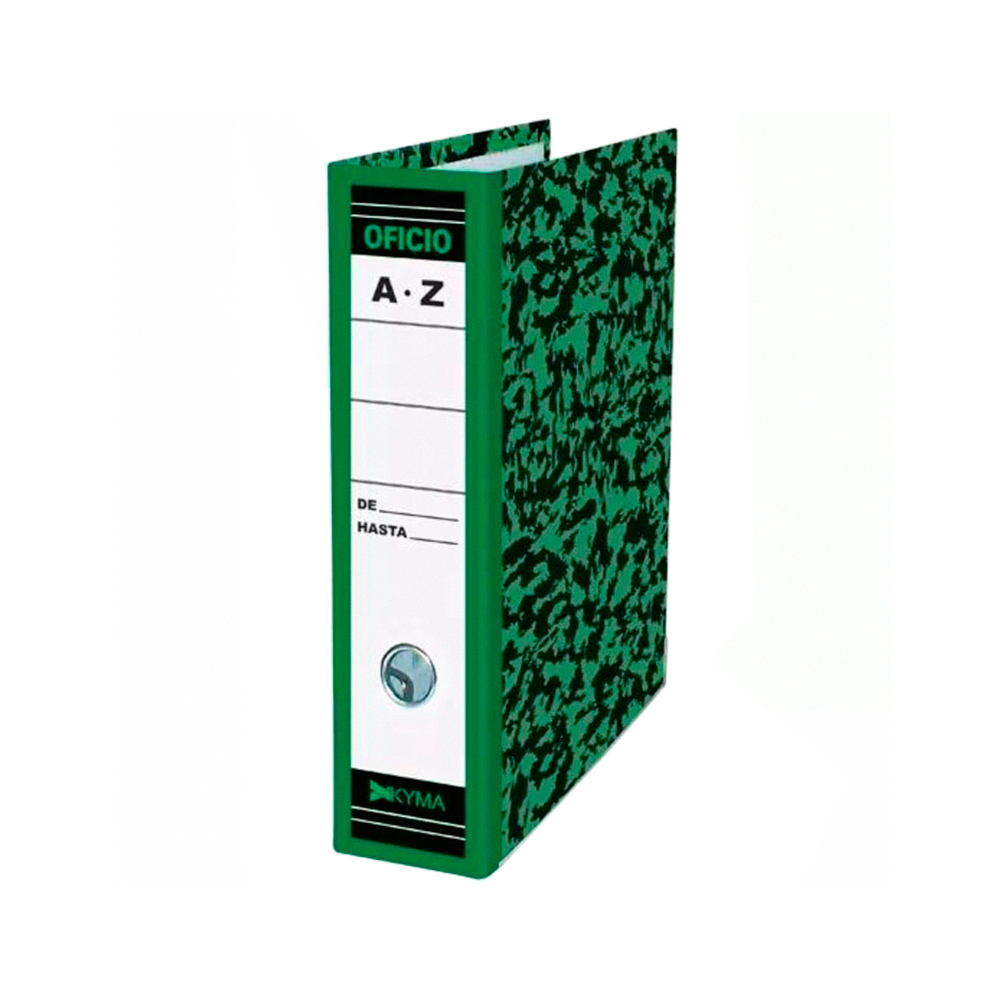 Registrador KYMA verde jaspeado con pala Carton rigido 1.75mm espesor, cubierta exterior papel bond impresion, esquinero largo, herraje metálico: 2 argollas para registrador, opresor de plastico, remache zincado, peso:0.434 kg, largo: 27cm, ancho:8cm y alto: 35cm                                  nca oficio con 2 argollas 1 pieza        - KYMA