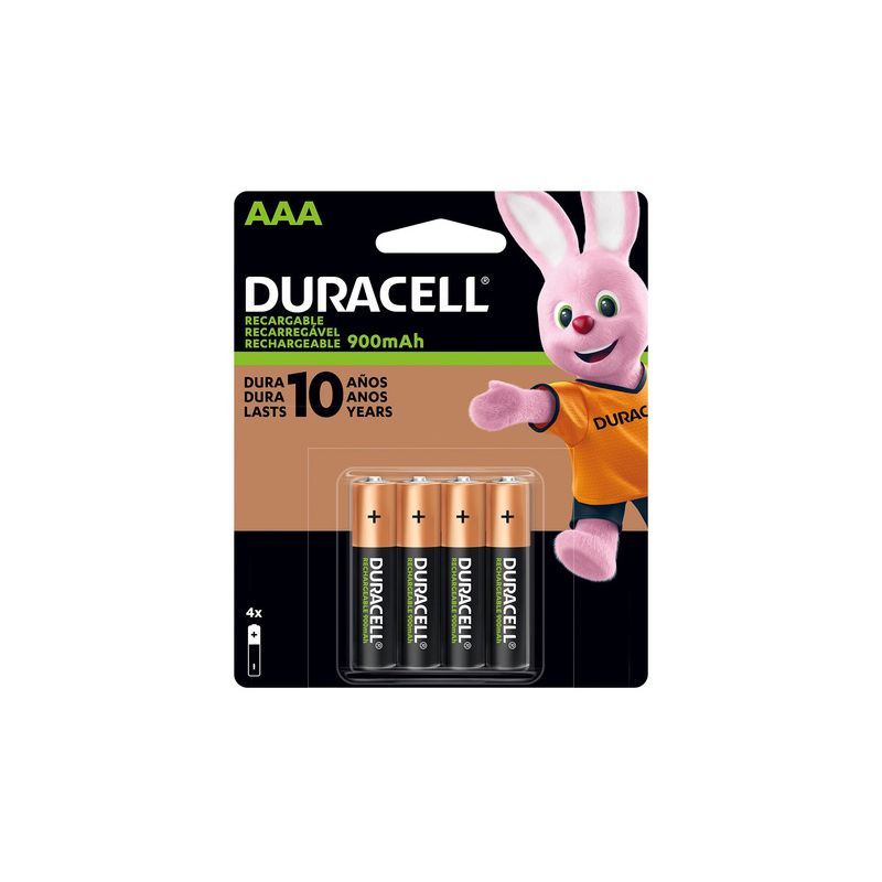 Pila recargable Duracell AAA blíster con Pila recargable AAA batería de níquel hidruro metálico con capacidad de 900 mah/hr voltaje de 1.2 pre cargada colores negro y verde con 4 pilas en blíster recargable hasta 1500 veces                                                                          4 pzas                                   - 41333031187P