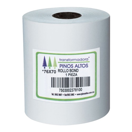 Rollo de papel bond Pinos Altos 76 x 70  Rollo de papel bond, centro tipo panal de plástico reciclado, medida: 76 x 70 mm, rápida impresión.                                                                                                                                                             mm caja con 50 rollos a granel           - RB7670