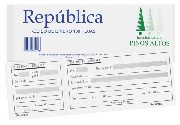 Recibo de dinero Pinos Altos block con 1 Papel bond de 50-56 g, medida: 18.6 x 8.5 cm, block con 100 hojas                                                                                                                                                                                               00 hojas                                 - RD