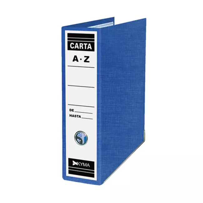 Registrador arcoiris KYMA tamaño carta a Carton rigido de 1.75 mm de espesor. Heeraje de 2 argollas y opresor metalicos, ojillo 1" de diametro, remache zincado, forro papel lino plastificado y cubierta interior arcoiris azul, t/carta: largo 27cm, ancho 8cm y alto 30cm, capacidad 700 hjs          zul 1 pieza                              - REGKCAR-AZ