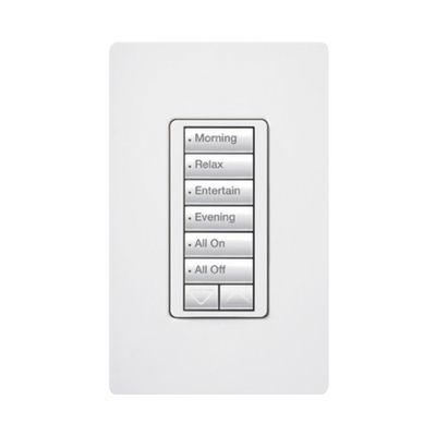 Teclado Seetouch Hibrido 6 botones, 2 botones subir/bajar, programe escenas diferentes en cada botón,puede instalarse en un interruptor de luz. <br>  <strong>Código SAT:</strong> 39112403 <img src='https://ftp3.syscom.mx/usuarios/fotos/logotipos/lutron_electronics.png' width='20%'>  - RRD-HN6BRL-WH