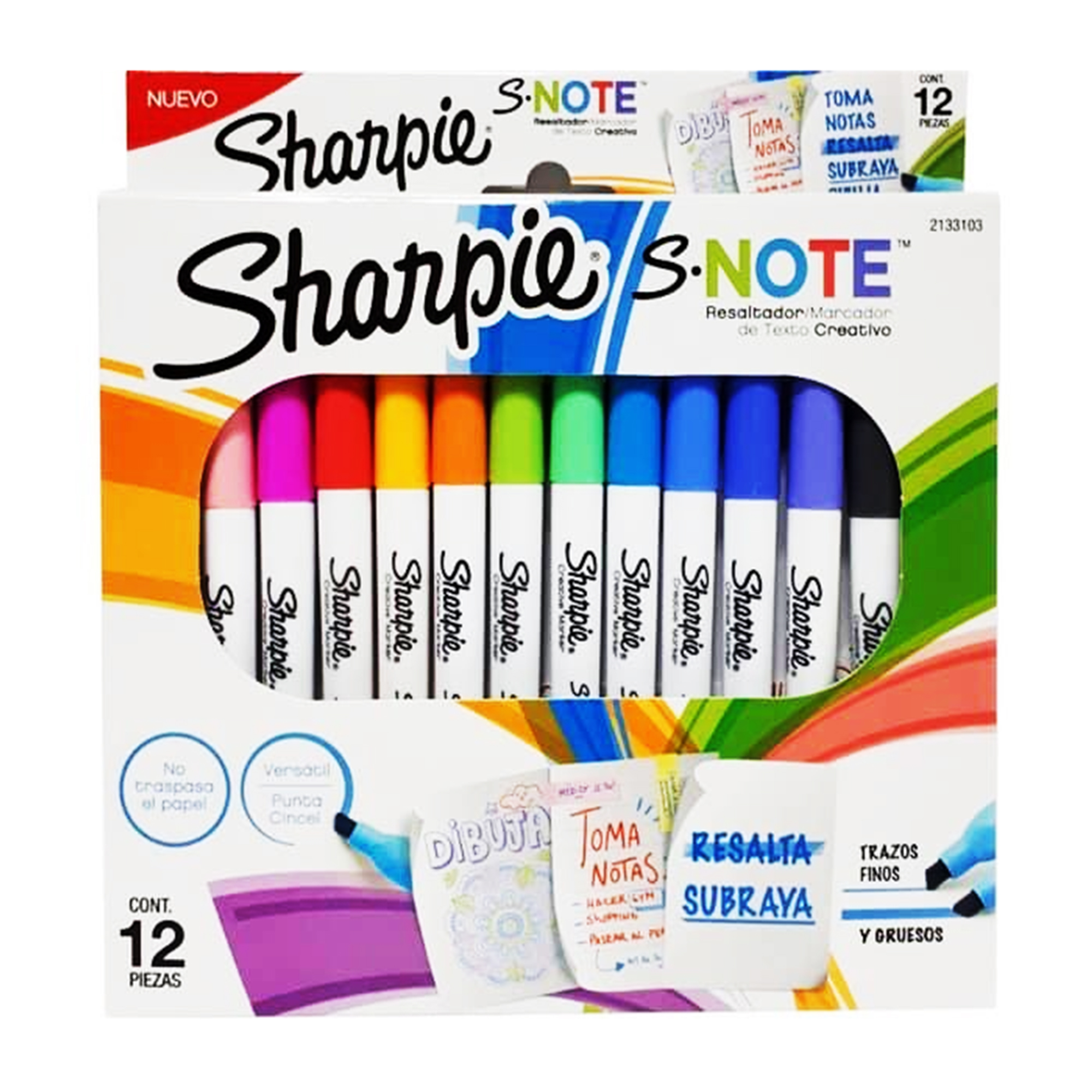 Sharpie snote punta biselada paquete con Sharpie snote 12ct. Pack asstd.  Resaltador / marcador de texto creativo. No traspasa el papel. Punta biselada: ofrece trazo grueso y fino. Resalta y subraya. Para dibujar, tomar notas, etc.                                                                  12 colores surtidos                      - 2133103