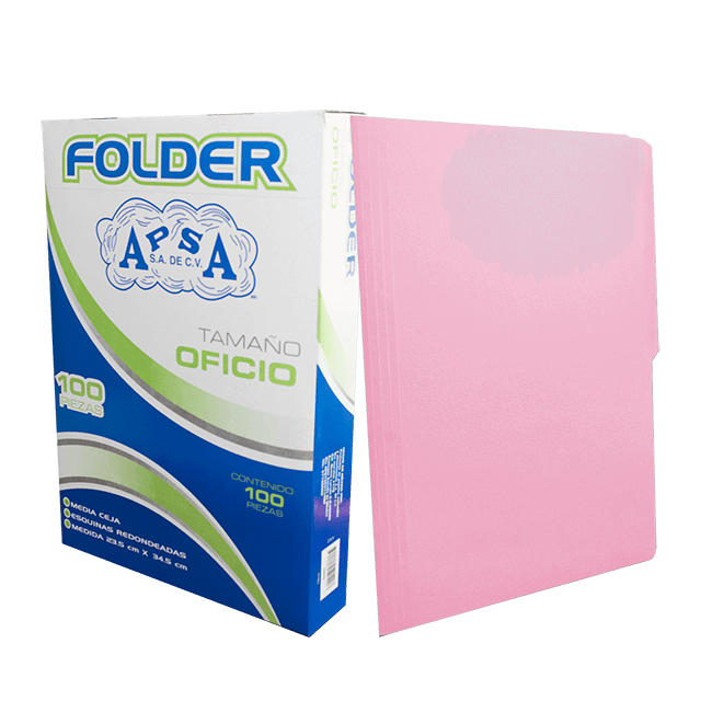 Folder rosa APSA tamaño oficio  , paquet Medidas 235 cm ancho x 345 cm largo, alta capacidad de almacenamiento, suaje lateral y superior para broche, guías laterales para dar dimensión y puntas redondeadas                                                                                            e con 100  piezas                        - L23FO