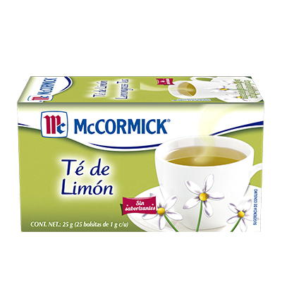 Té limón McCormick caja con 25 sobres    La caja trae 25 sobres de 1.2 g contenido total 30 gramos medidas aproximadas 6 x28 cm excelente calmante natural y delicioso aroma y sabor limón                                                                                                               .                                        - 2055