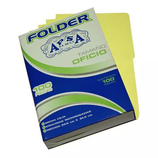 Folder canario APSA tamaño carta  , paqu Medidas 235 cm ancho x 295 cm largo alta capacidad de almacenamiento, suaje lateral y superior para broche, guías laterales para dar dimensión y puntas redondeadas                                                                                             ete con 100  piezas                      - L14FC