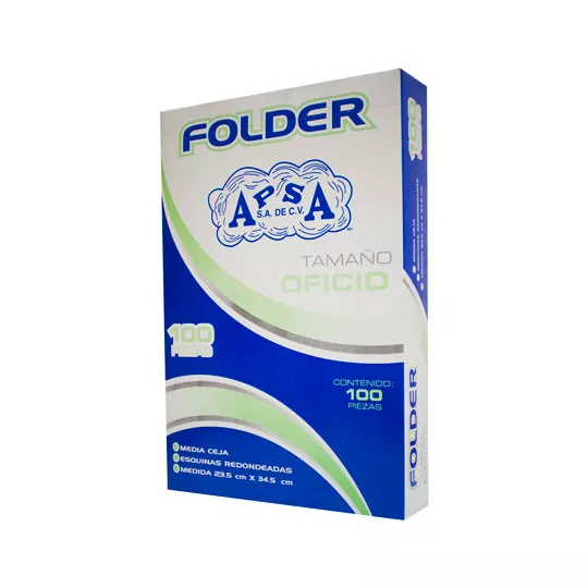 Folder crema APSA tamaño oficio  , paque Medidas 235 cm ancho x 345 cm largo, alta capacidad de almacenamiento, suaje lateral y superior para broche, guías laterales para dar dimensión y puntas redondeadas                                                                                            te con 100  piezas                       - APSA