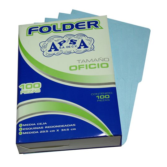 Folder azul APSA tamaño oficio  , paquet Medidas 235 cm ancho x 345 cm largo, alta capacidad de almacenamiento, suaje lateral y superior para broche, guías laterales para dar dimensión y puntas redondeadas                                                                                            e con 100  piezas                        - APSA