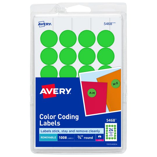 Etiqueta redonda removible verde neon AV Color verde neon, medidas 1.9 cm de diámetro, con 1,008 etiquetas                                                                                                                                                                                               ERY con tecnología laser/inkjet          - AVERY