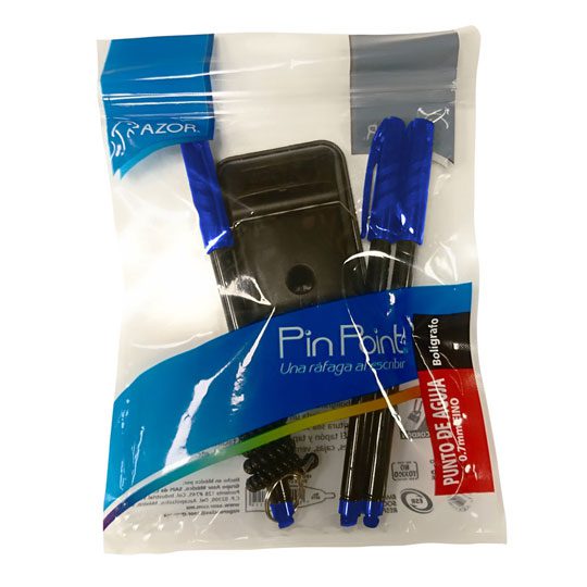 Base para bolígrafo Pin Point incluye 3 Tinta azul, punto fino 0.7 mm, punta de aguja, flujo instantáneo, con tapón para cordón, rendimiento 1200 m, escritura suave y continua, barril de plástico, bolsa con holder y 3 bolígrafos. - 301.6806AZ
