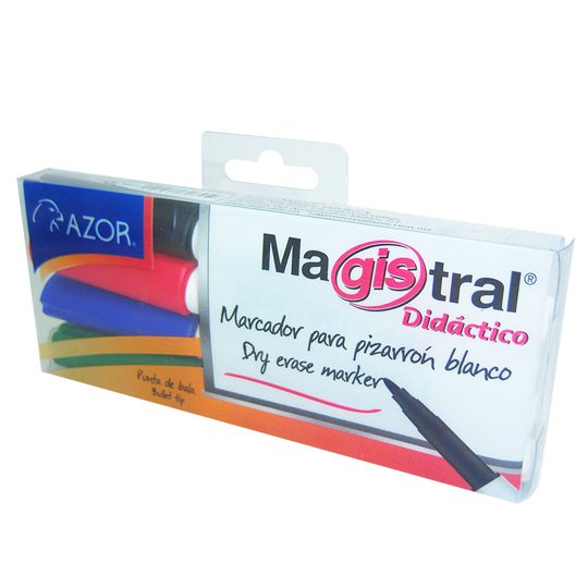 Marcador Magistral Didáctico punta bala  Colores surtidos: negro, rojo, azul y verde, tinta base alcohol de alta intensidad y bajo aroma, punta bala 2 mm, barril plástico con diseño ergonómico triangular, tapa anti asfixia, excelente calidad de borrado en superficies no porosas, no toxico, rendi 2 mm colores surtidos empaque con 4 pzas - 301.84074