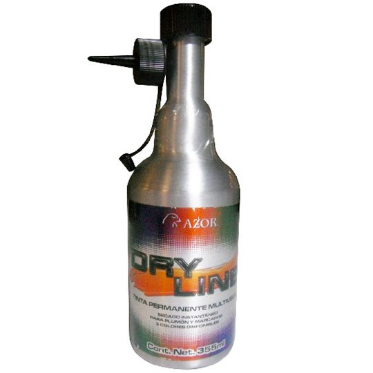 Tinta permanente Dry Line Azor color azu Tinta permanente base solvente de alto desempeño para uso rudo e industrial, envase de aluminio, para rellenar marcadores Signal Mega, aplicador tipo dosificador para su fácil aplicación, marca sobre superficies húmedas o grasosas.                         l de 355 ml                              - 301.2075AZ